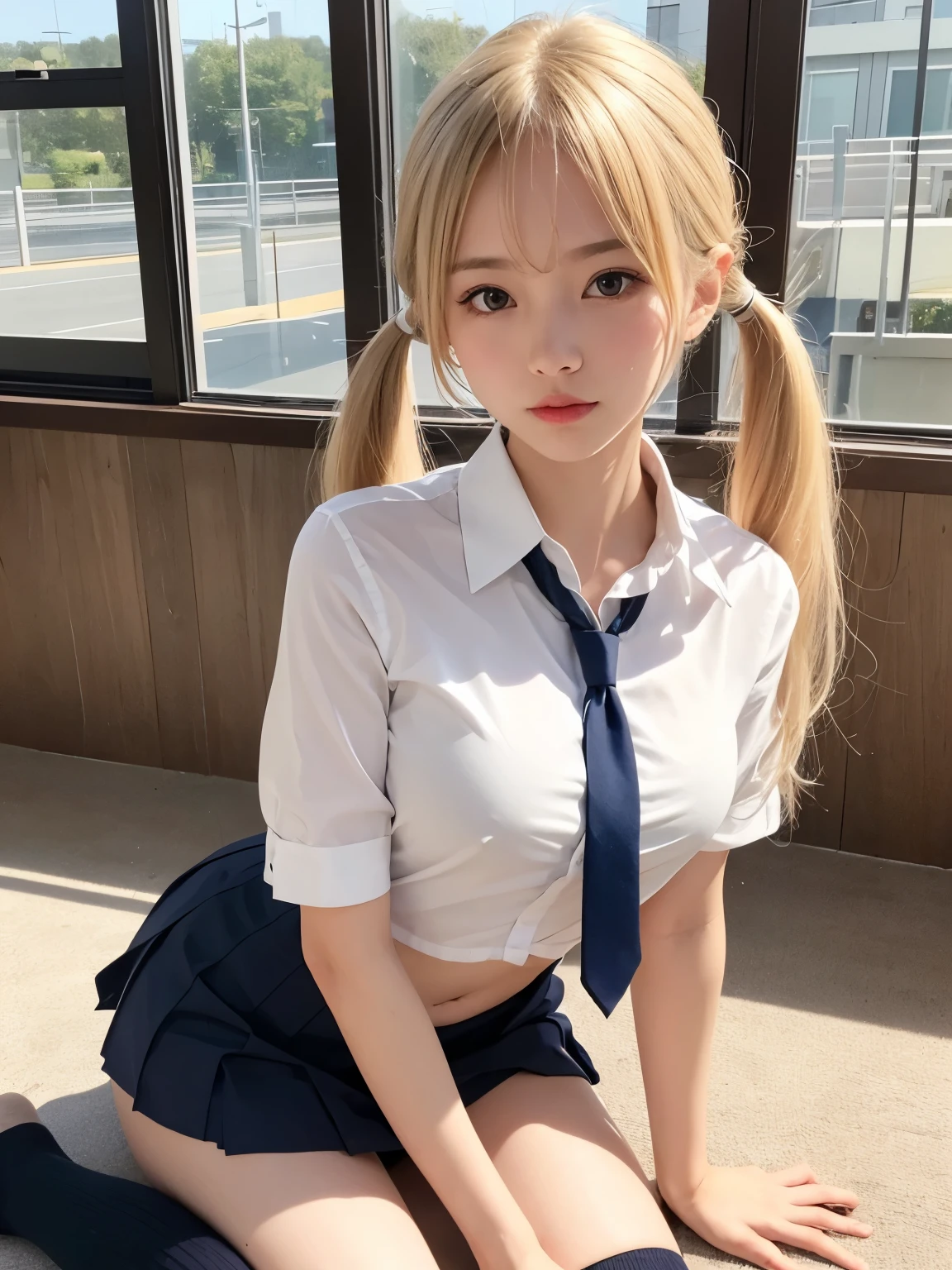 Highest quality, masterpiece,8k, Ultra-high resolution, (Realistic: 1.4), RAW Photos, Dynamic Pose,Blonde,((uniform)),Young,1 girl, Glowing Skin, classroom, Dramatic lighting, whole body, high school girl,（underwear）