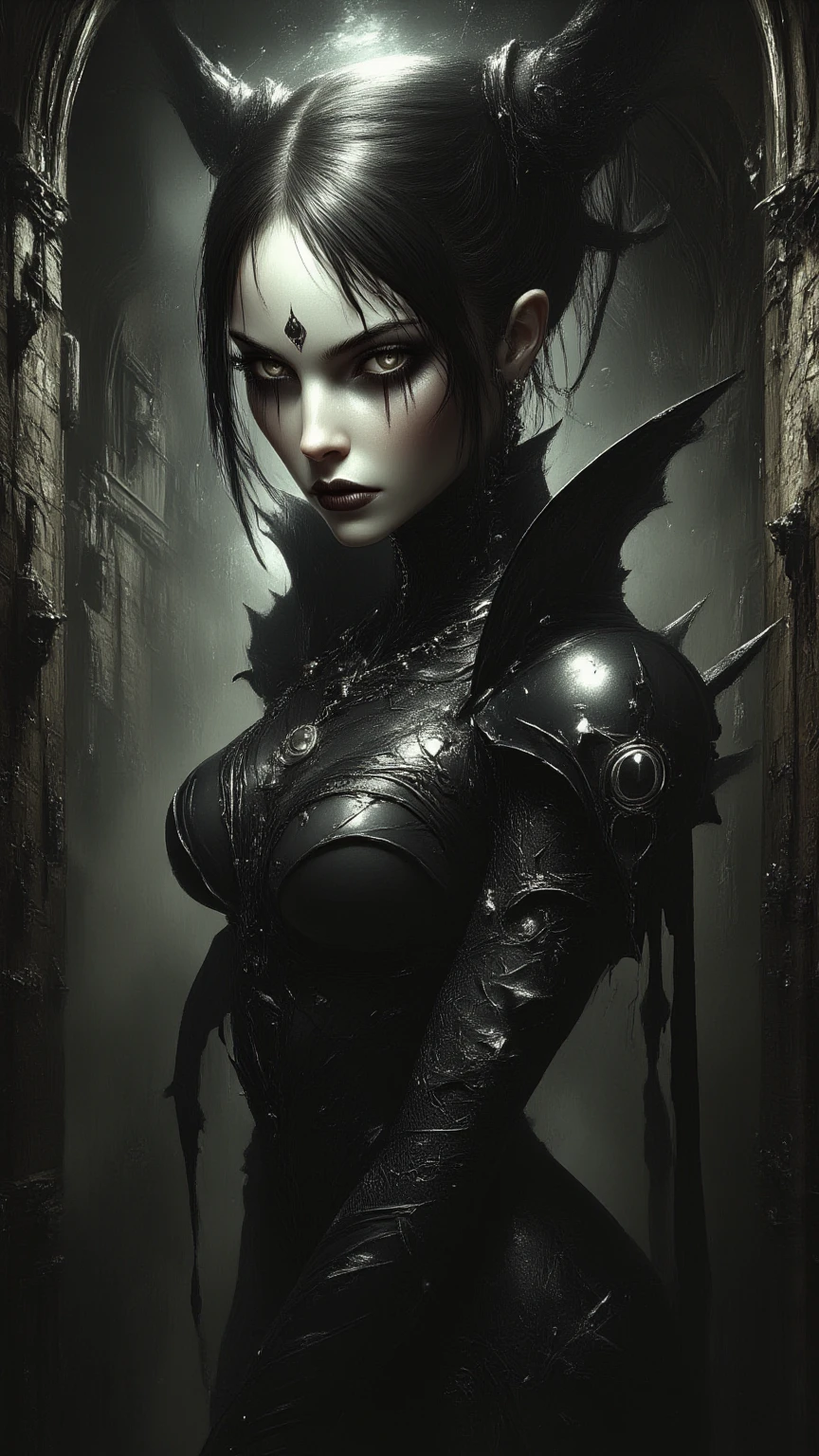 vampire woman of Clan Tzimisce one eye red and other yellow with curved horns on head with dark circles below the eyes wearing berseker black armor