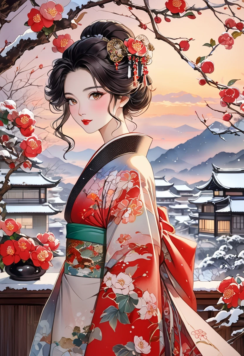  A fusion of ink painting and watercolor painting、A woman with a beautiful oriental face、shiny bright brown-black hair、Camellia Inn、At dusk、white snow scenes、 best quality、masterpiece、