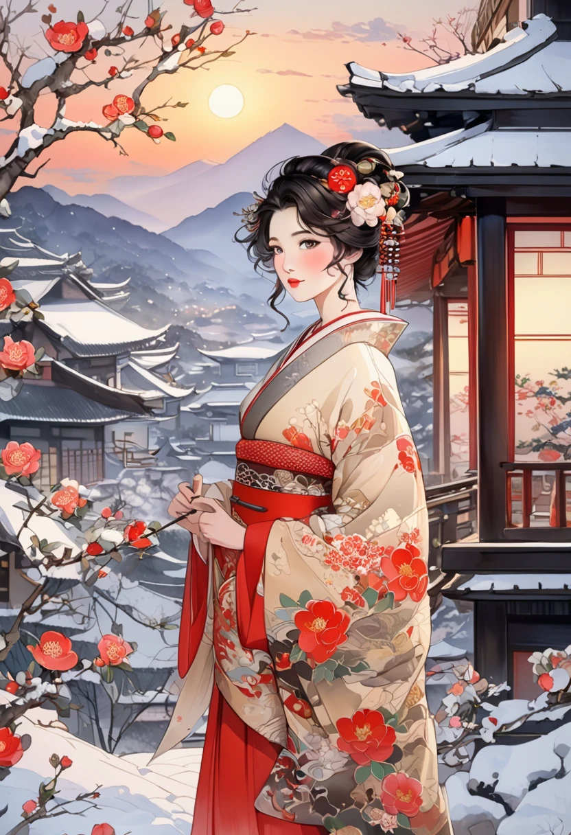  A fusion of ink painting and watercolor painting、A woman with a beautiful oriental face、shiny bright brown-black hair、Camellia Inn、At dusk、white snow scenes、 best quality、masterpiece、