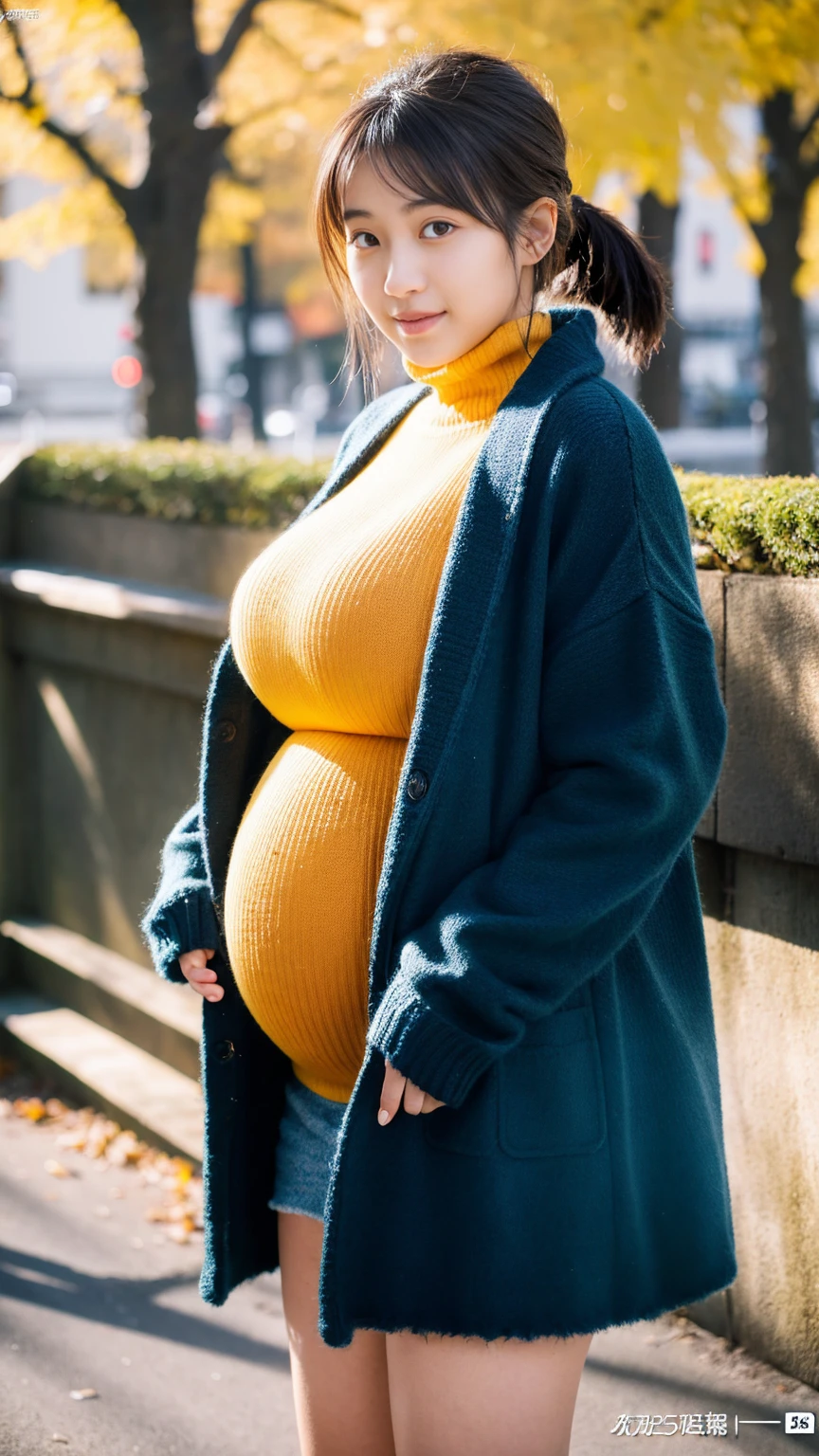 Beautiful  Bollywood supermodel woman with a , black hair, bangs, twintail, widest waist, fitting breasts, (huge pregnant), curvy accentuated booty, sparkling olive-green eyes, long eyelashes, thick thighs, Strong calves, smirk, taniaayusiregar, She wears a black wool cardigan, yellow shirt, white jeans, brown belt, black beanie, she waits in a park, photorealistic, Masterpiece, bokeh, Volumetric lighting, Fall season atmosphere, uhd, masterpiece, highest quality