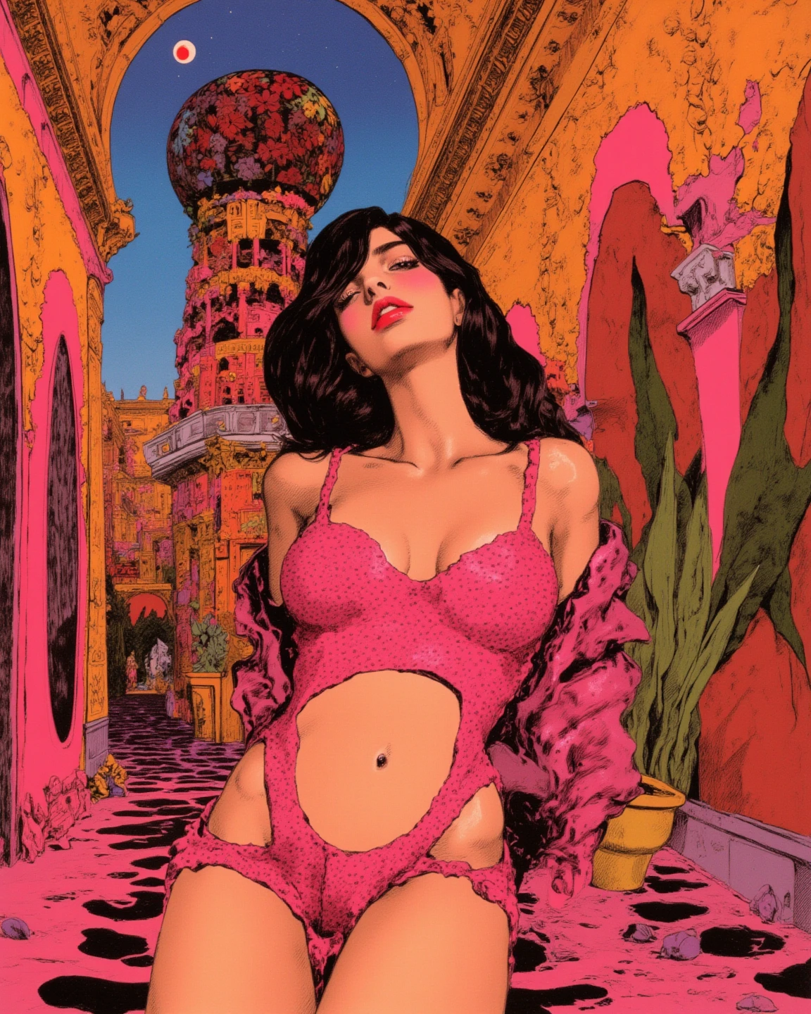 club, eroticism, artwork inspired by Bill Sienkiewicz, vivid colors, intricate details, oil.