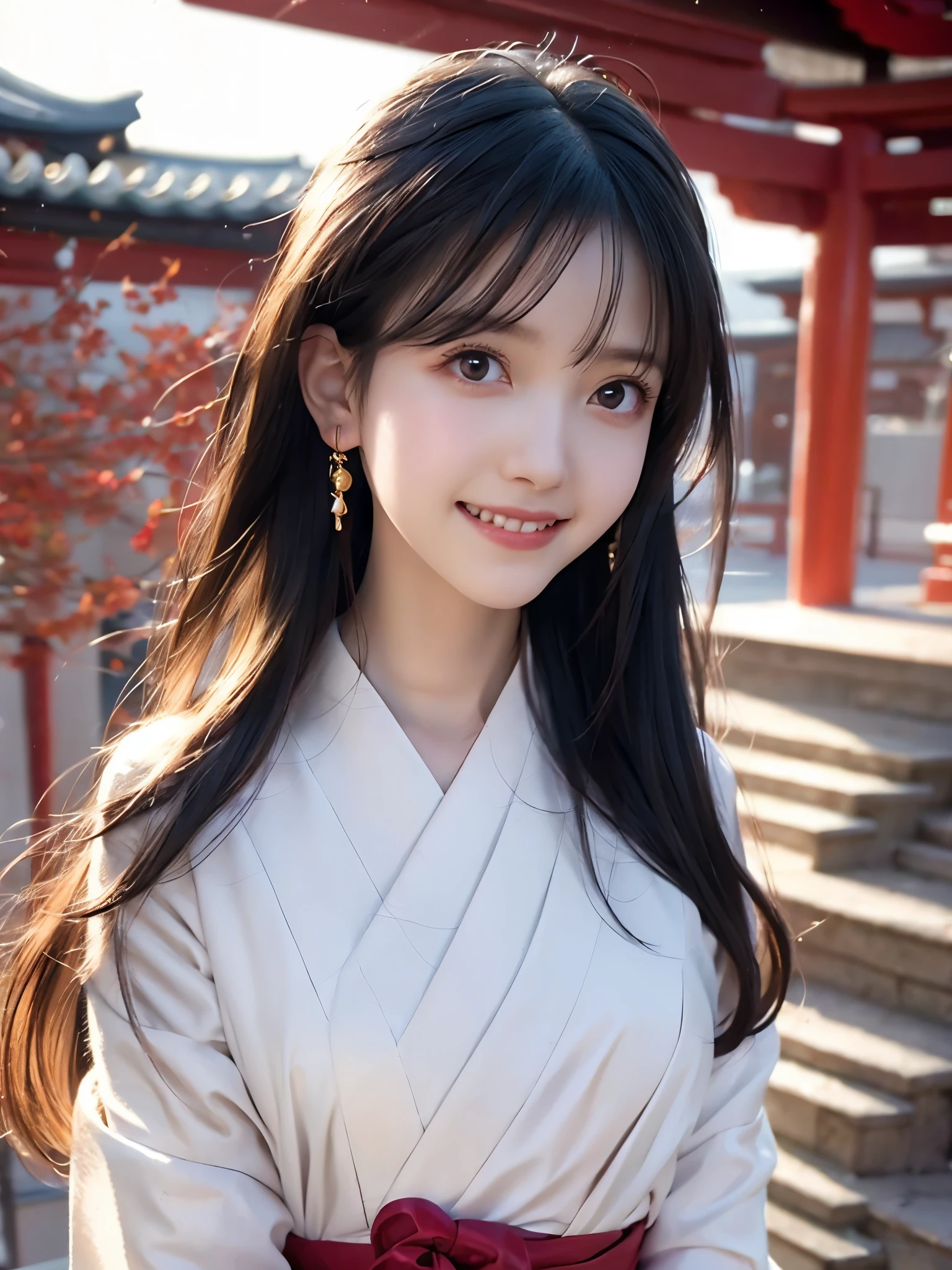 ( face close-up:1.2)、 top quality、 ultra high definition、(Photographically: 1.3)、 beautiful eyes、 very beautiful、 shiny hair 、Mature and elegant、(smile:1.4)、kawaii miko girl, wearing japanese white clothes,red hakama, in a Japanese shrine, 45 angle by krenz cushart and Mucha, golden hour lighting, strong rim light, intense shadows)