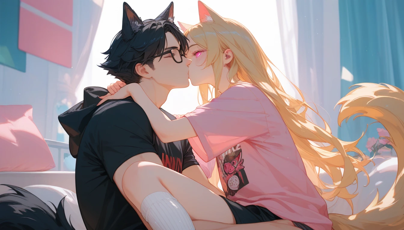 A short blonde cat girl with pink eyes, long hair in an oversized pink long shirt with short sleeves and long white and pink knee high socks, kissing a tall, black and white haired guy with wolf ears, a black wolf tail, glasses, one with red eyes and the other with yellowish green, wearing loose black clothes, long black hair and part of it in a ponytail, and it was a cartoon image.