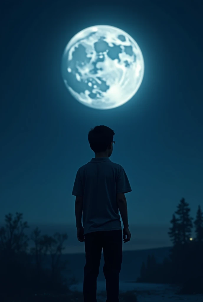 Generate a picture with a boy looking at moon in grief