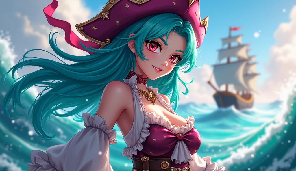 SHE IS A pirate. She wears rose red clothing, white gloves and what seems to be cherry red heels. She has a stereotypical rose red pirate hat with a white skull on it. She also has cyan hair tied up into low braids and wields a sword. SPARKLE; GLITTE