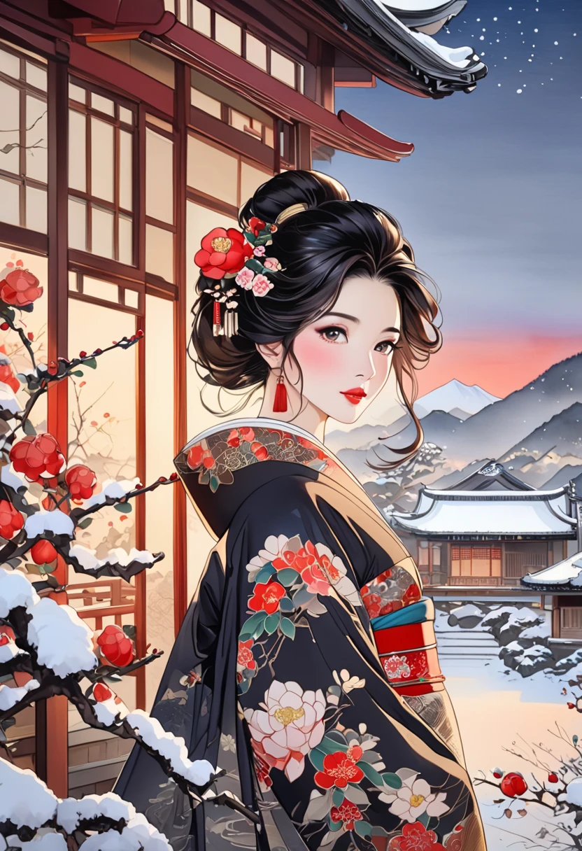  A fusion of ink painting and watercolor painting、A woman with a beautiful oriental face、shiny bright brown-black hair、Camellia Inn、At dusk、white snow scenes、 best quality、masterpiece、