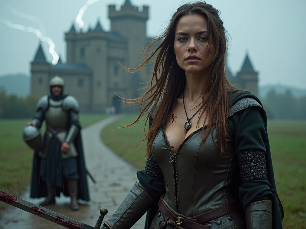 Foto hiperrealista en primer plano de Willa Fitzgerald, Create dystopian masterpieces, scene from the Game of Thrones movie, the entire figure dressed in Game of Thrones style, tight dark blue dress with armor accessories, broken breastplate, on a medieval market square, beautiful woman, skinny, small breasts, straight brown hair, detailed face, ((fear)), photo taken from a distance, age 35 years old, (((violent men lifting her dress:1.2))), (((cameltoe panty))), (((restrained and crucified by the crowd:1.2))), (((serious))), (((tears running along her cheeks))), (wood cross), big sagging breasts, hairy pussy, thigh gap, ((she is burned on pyre:1.2)), (((whiplash marks))), fire