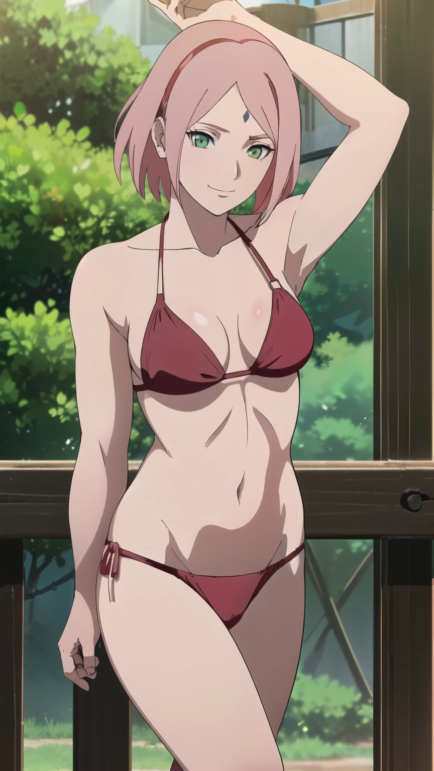 (Perfect body),Best Quality,(8K Portrait),(Official art)、((NSFW))、(((Lori)))、((Short stature))、(((Brown skin)))、Police Hat、((smirk grin))、(((put out the tongue)))、:D、1girl in,(blush),(Sweat),(((flat chest)))、(thick thighs)、(big butts)、((Pink hair))、(Short hair)、(((Wavy Hair)))、((gold and pink bikini))、(Torn clothes)、 (yellow eyes)、Hands behind the head、Armpits、(spreading legs)、(kneel down)、Cowboy Shot、in poolside、