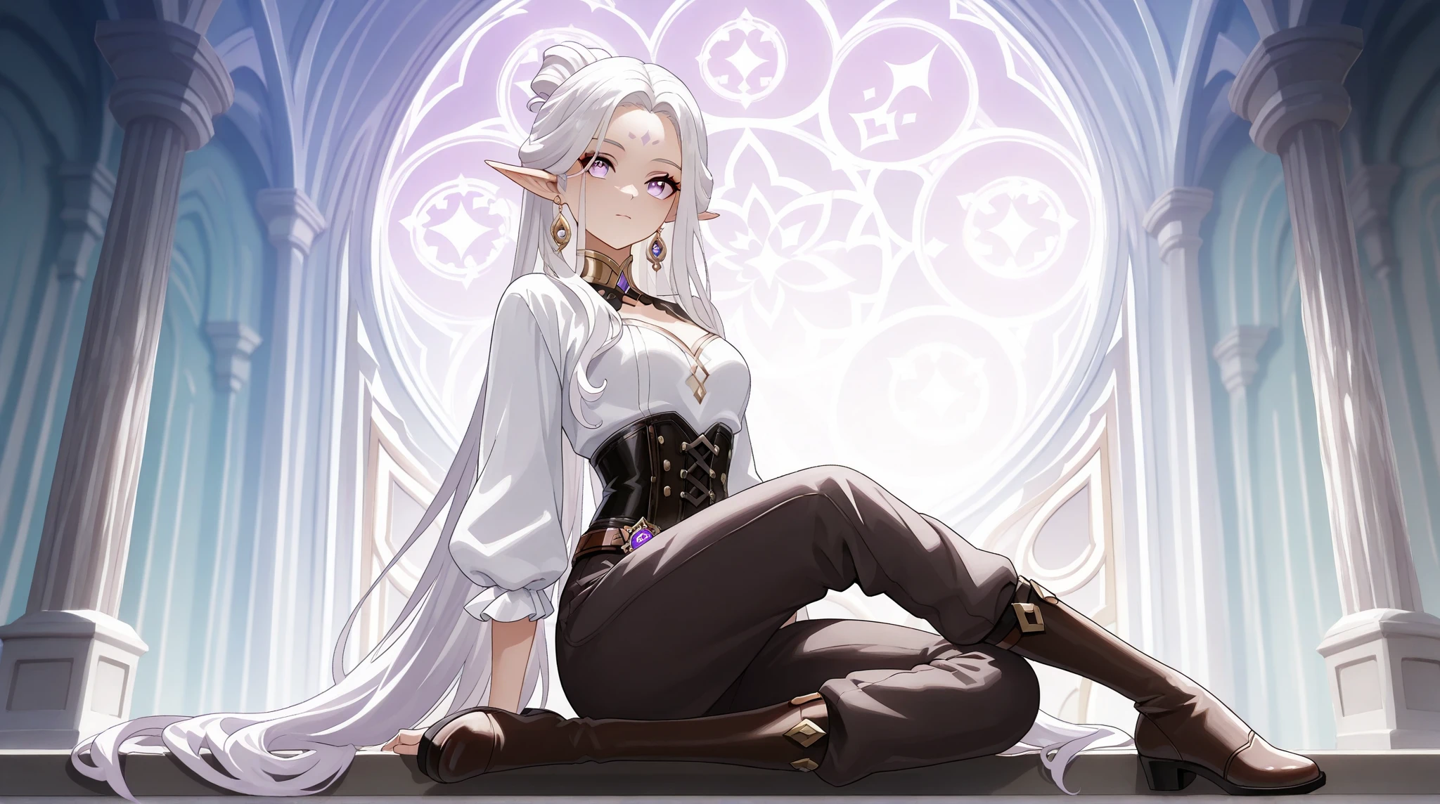  Girl with long hair, white hair, anime aesthetic, anime vibes, Anime, noble girl, anime art wallpaper 4 k, anime art wallpaper 4k, anime art wallpaper 8 k, anime background art,anime asthetic, masterpiece , top quality,  elven woman, ((light purple eyes)).  solo, teenager, young woman.violet eyes.white hair.white long hair.forehead.middle forehead.hairstyle.makeup.earrings.corset. trousers. genshin impact. mihoyo. wuthering weves. pointed ears.((genshin impact style)), ligh blue, ((full body)) 
