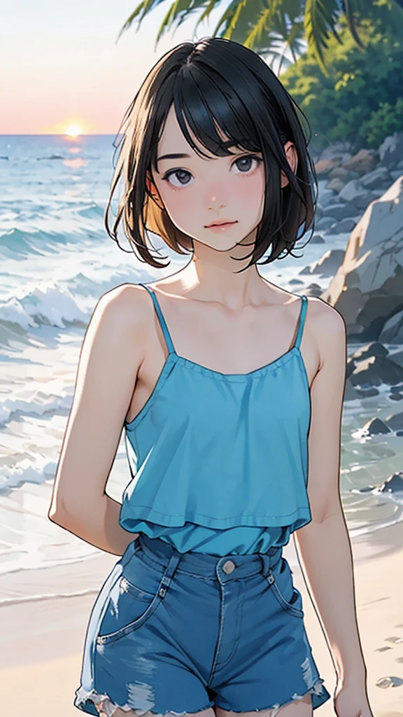 one girl, (ars old:1.4),(Very Young Face),(Japanese famous idol), cute face, ash gray hair:1.5, bob hair, short hair, camera's line of sight, small breasts, An ennui look, (((camisole, dress))) , particles of light, sea of ​​sunset, calm sea, white sand beach, very beautiful sunset, RAW photo, highest quality, High resolution, High resolution, masterpiece:1.3, 8k, 12k, professional photographer,((Extremely precise and accurate anatomy:1.0)),Kind eyes,Graceful pose,(Beauty of form:1.4) Golden ratio, big eye,(nature's providence:1.4),