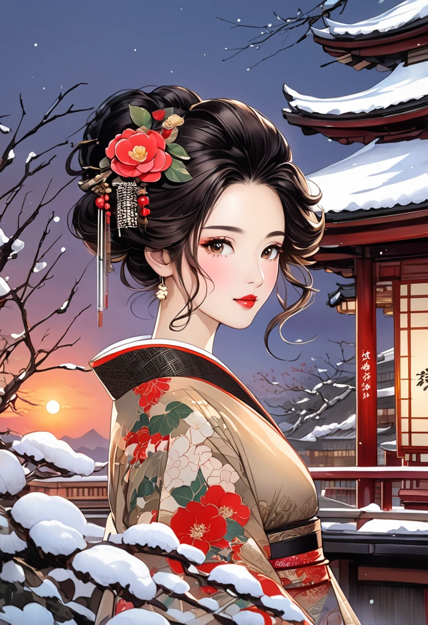  A fusion of ink painting and watercolor painting、A woman with a beautiful oriental face、shiny bright brown-black hair、Camellia Inn、At dusk、white snow scenes、 best quality、masterpiece、