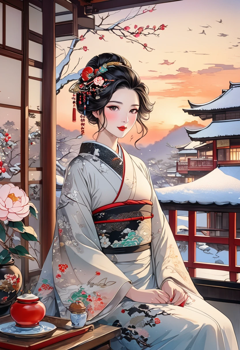  A fusion of ink painting and watercolor painting、A woman with a beautiful oriental face、shiny bright brown-black hair、Camellia Inn、At dusk、white snow scenes、 best quality、masterpiece、