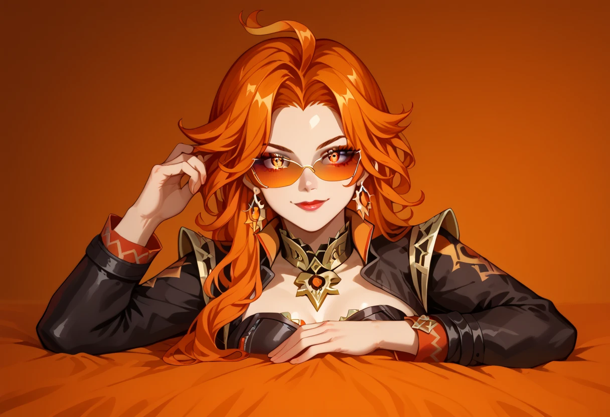 solo, happy look, dark atmosphere, 1girl, thriller, Mavuika from Genshin Impact, eyeshadow, red sunglasses, A tall young woman with fair skin, red eyes and long wavy red hair. Long red-orange hair that eventually turns yellow-orange. Red-orange eyes. a gold necklace with an orange stone, a black mini jacket with long sleeves and gold spikes, a black biker bodysuit with red and orange ornaments and a lightning symbol of the sun, gold sunglasses and black high-heeled boots. ( beautiful eyes:1.1), (perfect face, detailed face, detailed eyes, perfect eyes, perfect hands, perfect fingers, large breast, upper body), perfect hands, detailed clothing, long legs full body, indoors, Propped Up | Resting Head on Hands, bed on the background, (looking at the viewer),