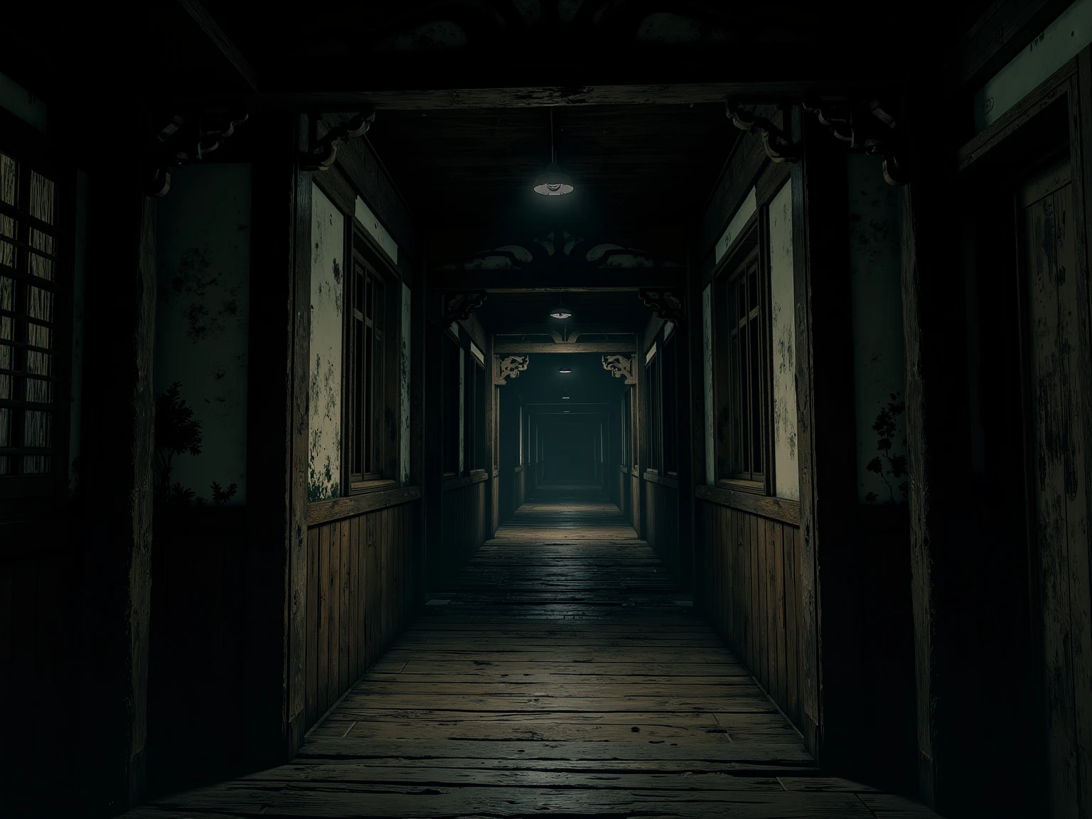 (masterpiece:1.3, UHD:1.2, highres:1.3, top quality, clarity:1.3), A dark and scary Japanese mansion:1.3, A wooden corridor leading into darkness:1.3, 8k wall paper:1.3