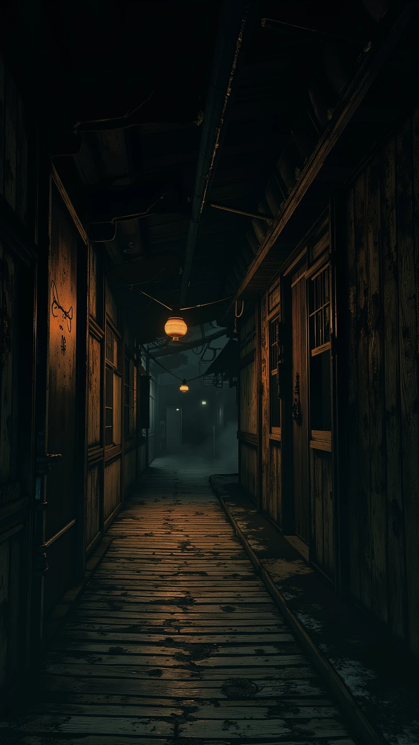 (masterpiece:1.3, UHD:1.2, highres:1.3, top quality, clarity:1.3), A dark and scary Japanese mansion:1.3, A wooden corridor leading into darkness:1.3, 8k wall paper:1.3