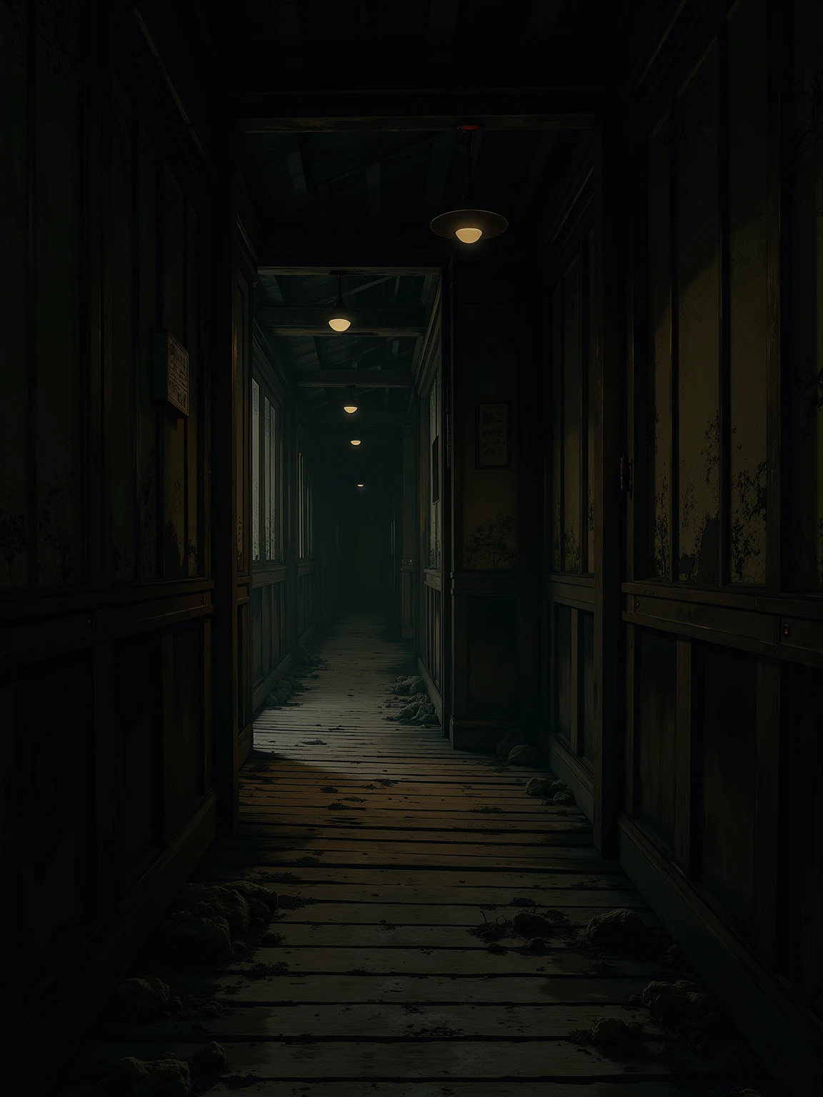 (masterpiece:1.3, UHD:1.2, highres:1.3, top quality, clarity:1.3), A dark and scary Japanese mansion:1.3, A wooden corridor leading into darkness:1.3, 8k wall paper:1.3