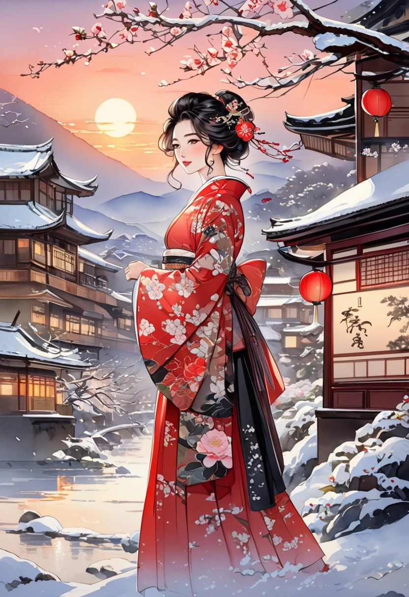  A fusion of ink painting and watercolor painting、A woman with a beautiful oriental face、shiny bright brown-black hair、Camellia Inn、At dusk、white snow scenes、 best quality、masterpiece、