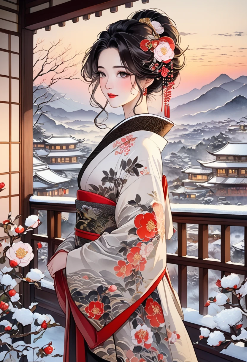  A fusion of ink painting and watercolor painting、A woman with a beautiful oriental face、shiny bright brown-black hair、Camellia Inn、At dusk、white snow scenes、 best quality、masterpiece、