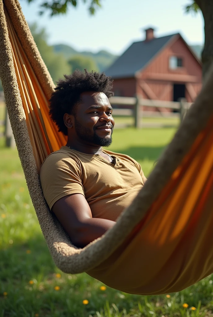 A naked black man lying in a hammock and calling out with a mischievous look