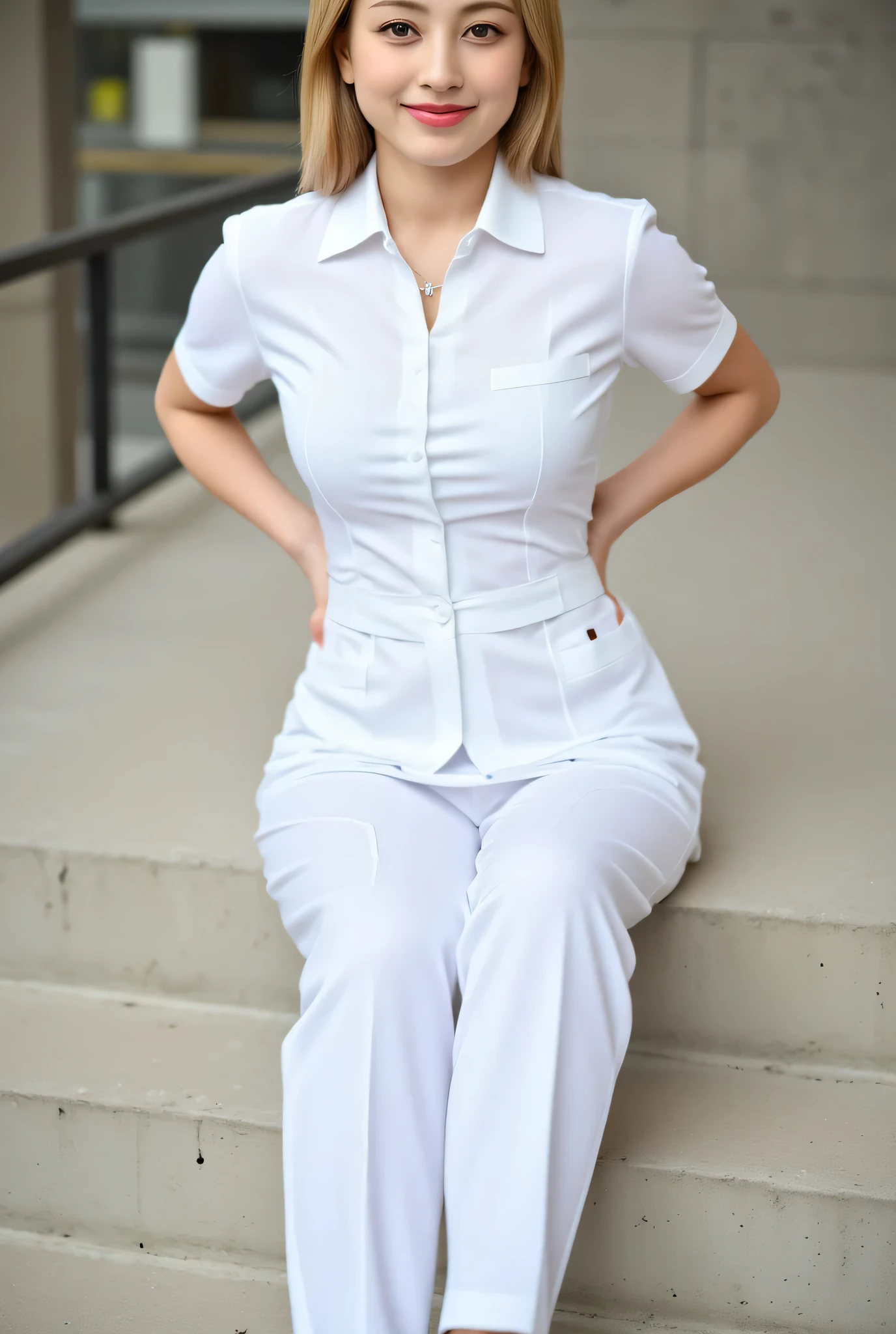  A woman , sitting facing forward, with hands behind the body ,  Full body visible, using a strict nurse uniform,  White Trousers , black formal women's shoes, lips red color black , smiling beautiful , Blonde hair,  using cross necklace 