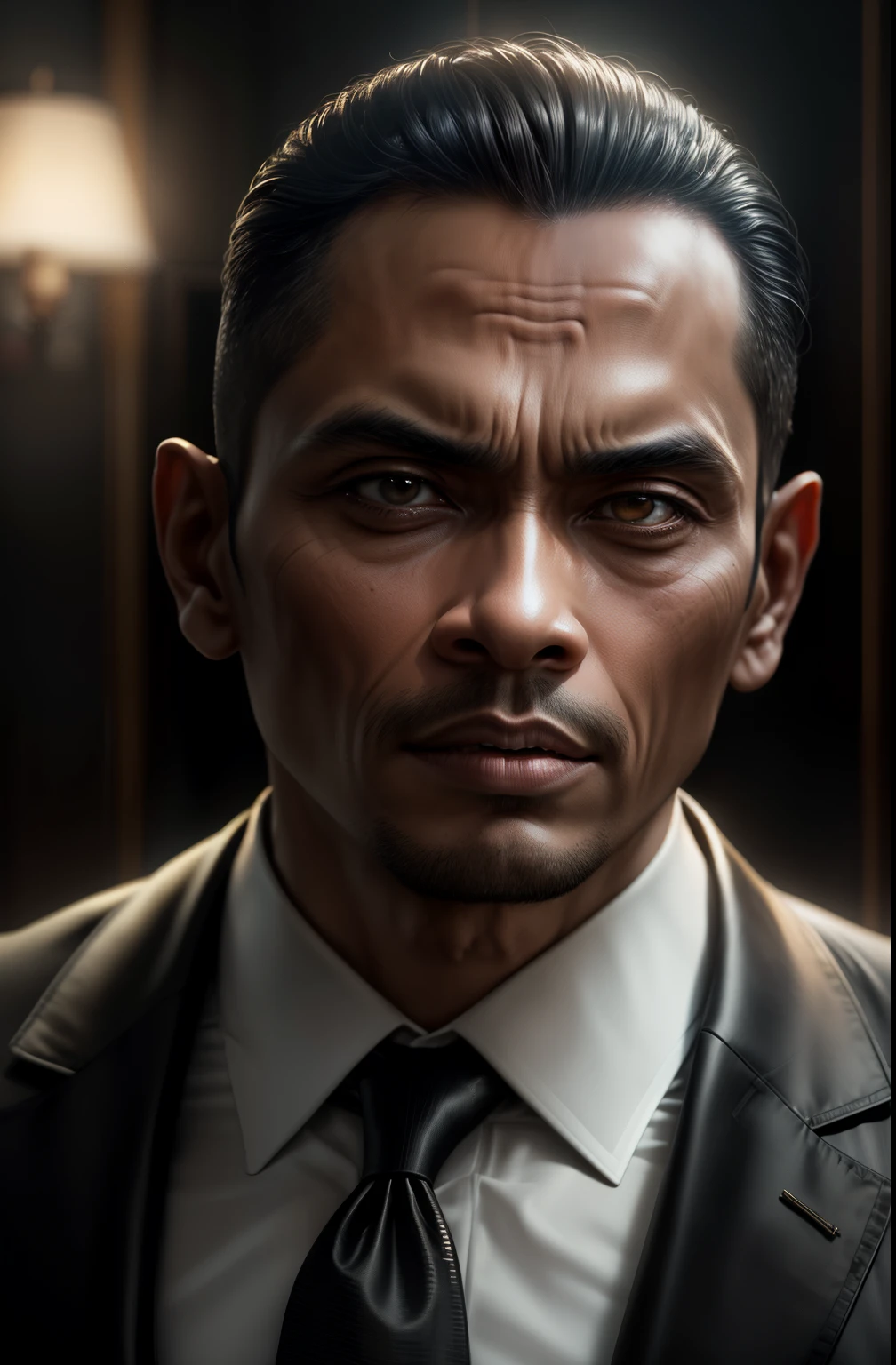 beautiful oil matte portrait painting, mafia boss at his 30s new york office desk, indonesian man, wonderful masterpiece highly detailed, beautiful cinematic light deep focus, elegant, digital painting, smooth, sharp focus, golden ratio, dramatic illumination, ultra realistic, 8k, art by jimmy law,CEO