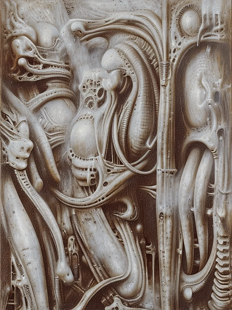 g1g3r, , The image is a detailed view of H.R. Giger's \" Li II \" plate, featuring The image depicts a surreal, otherworldly scene with intricate, organic-like architecture and figures that appear to be emerging from the structures. The space in this H.R. Giger-esque image is formed through a complex interplay of several visual techniques, creating a claustrophobic, layered, and ambiguous environment. Space in this image is formed by a combination of overlapping forms, lack of traditional perspective, flowing curves, high detail, ambiguous scale, and subtle lighting. These techniques work together to create a unique and unsettling spatial experience that is characteristic of Giger's work: a claustrophobic, organic, and biomechanical environment that feels both alien and strangely familiar.
 The most dominant feature is the dense overlapping and interweaving of organic and mechanical forms. Figures, pipes, tubes, and other structures merge seamlessly, making it difficult to distinguish where one ends and another begins. This creates a sense of depth and layers, but also contributes to the claustrophobic feeling as there's little empty space.
 There's no clear horizon line or defined vanishing point to establish traditional perspective. This further adds to the sense of disorientation and makes it difficult to gauge the scale and distance of the elements within the image. The space feels compressed and undefined.
Giger frequently uses smooth, organic curves and contours that flow into each other. These curves create a sense of movement and dynamism, but also further blur the boundaries between objects and spaces. The eye is led through the image along these curves, but there's no clear destination or resting point.
 The high level of detail and intricate textures across the entire image contributes to the sense of density and complexity. There are few areas of smooth, flat color or empty space. This creates a visually rich environment