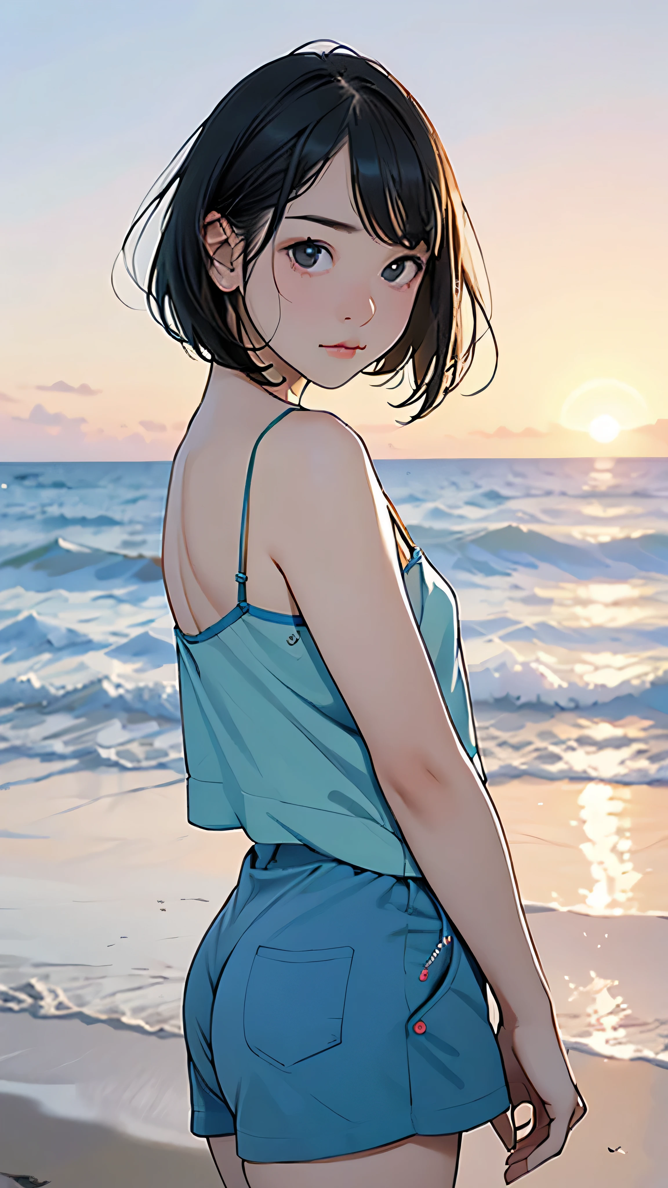 one girl, (****ars old:1.4),(Very Young Face),(Japanese famous idol), cute face, ash gray hair:1.5, bob hair, short hair, camera's line of sight, small breasts, An ennui look, (((camisole, dress))) , particles of light, sea of ​​sunset, calm sea, white sand beach, very beautiful sunset, RAW photo, highest quality, High resolution, High resolution, masterpiece:1.3, 8k, 12k, professional photographer,((Extremely precise and accurate anatomy:1.0)),Kind eyes,Graceful pose,(Beauty of form:1.4) Golden ratio, big eye,(nature's providence:1.4),