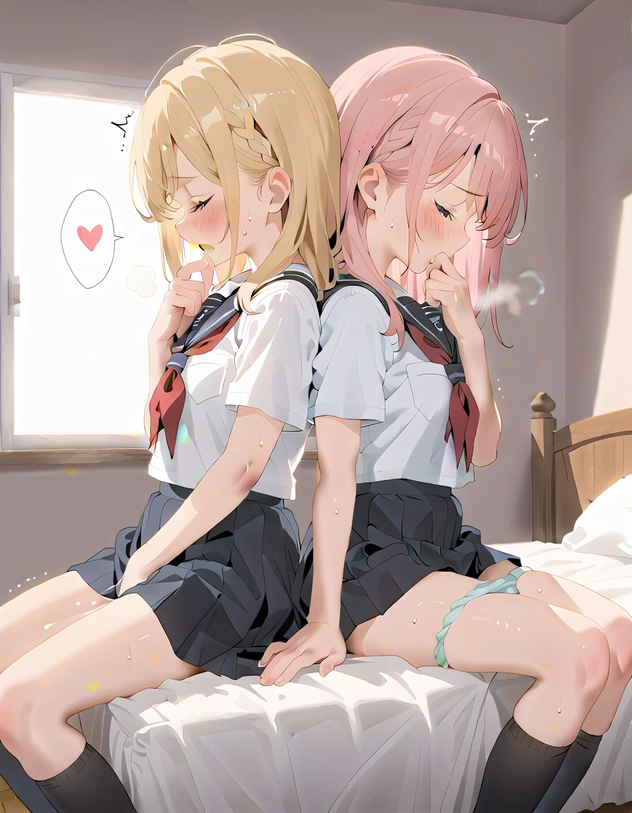 (masterpiece,beautiful,hughres,CG,8k,16k,best quality,high-resolution,detailed fingers,detailed hands,detailed legs,detailed eyes:1.5),anime,source anime,illustration,face focus,(from side:1.6),(2girls:1.5),(evening,indoor,one&#39;s home,bedroom:1.5),(sunset:1.3),shadow,(on the bed:1.4),(head down:1.2),(girl on the left(blonde hair):1.5),(girl on the right(pink hair):1.3),( thighs:1.4),(school uniform,white shirt,pleated skirt,black skirt,black thighhighs:1.3),small breasts,(panties pull,panty pull:1.3),sitting,(My legs,knees to chest,folded,knees together feet apart:1.4),leg up,(profile:1.2),(back-to-back:1.5),hand over own mouth, covering own mouth,(female masturbation:1.4),( fingering:1.2),(female orgasm, female :1.4),(pussy juice:1.2),(trembling:1.4),(gasping,heavy breathing,blush:1.5),(impatience1.1),flustered,(fidgeting around:1.4),(steam:1.2),(sweat skin,sweat:1.4),(streaming tears:1.3),(drooling:1.1),(looking away:0.5),(looking down:1.4),(spoken heart:1.4),(closed eyes:1.6),open mouth