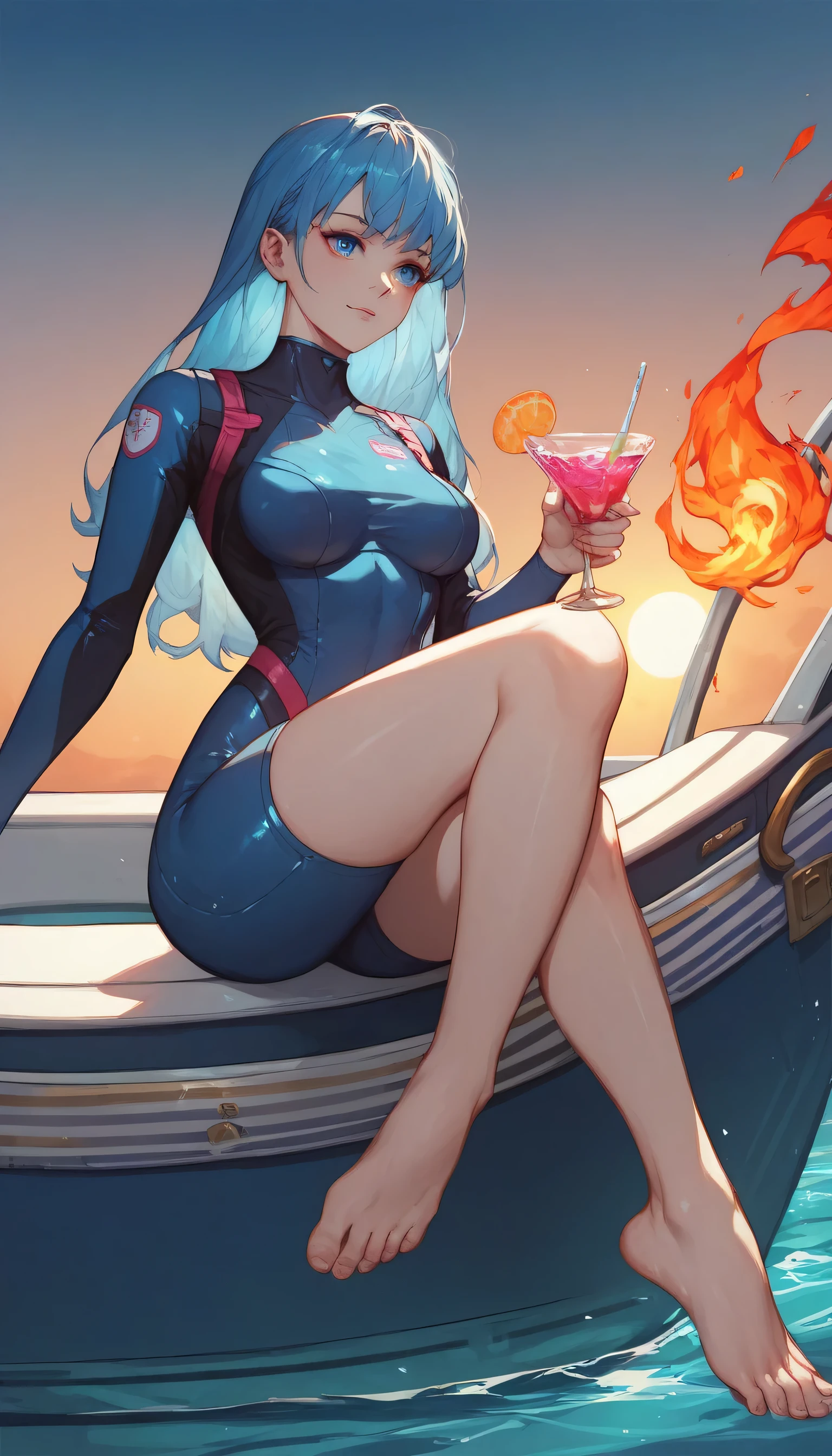 masterpiece, Highest quality, Absurd resolution, Half Body, 4K, High resolution, Rachel Foley REV, Blonde, (Hair above the eyes, Long Bangs:1.4), smile, Black and orange bodysuit, From behind, Looking back at the audience, Scuba tank on the back, Butt, Lean on the table, Outdoor, light, Dreamy haze,