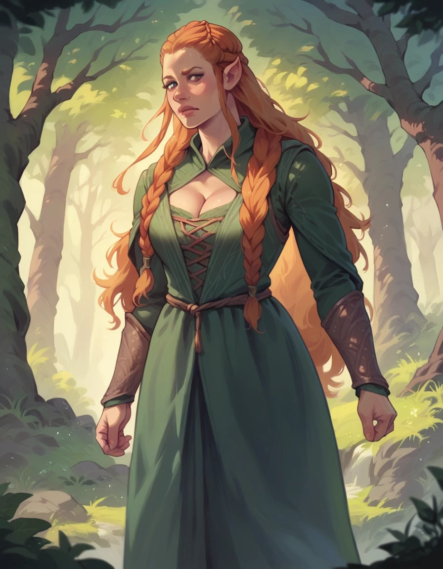 Tauriel, deep cleavage, standing in a forest trail, Tolkien 