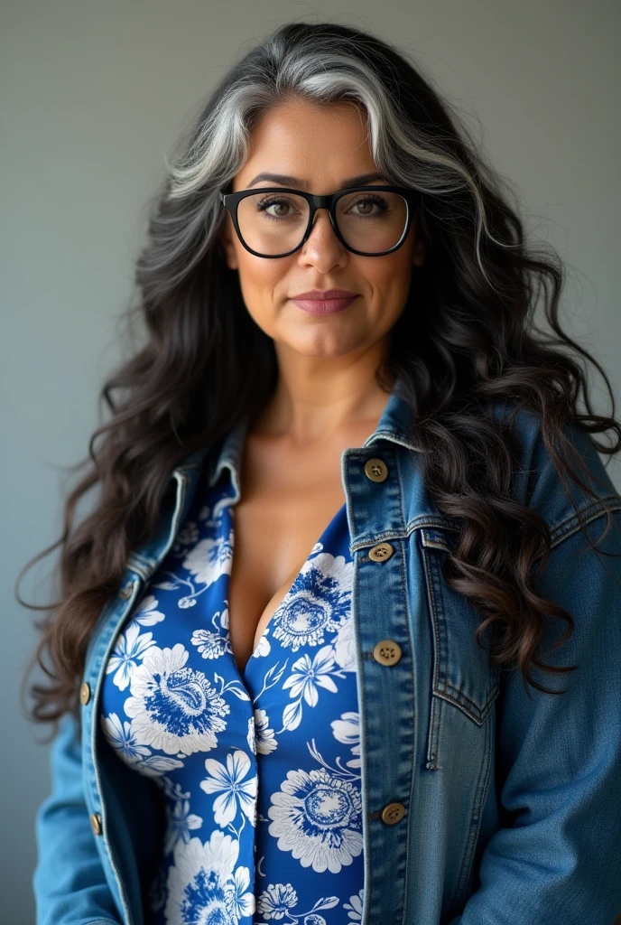 (50 year old Spanish woman, wrinkles, grey hair, curvy, big breast, slim, long wavy hair, big brown eyes, thick lips) tan and white long-sleeve top, light blue jeans, silver belt, form-fitting, casual style, shallow depth of field, eye-level shot, background blur, centered subject, looking over shoulder, three-quarter turn, hand on hip, wooden pergola, hanging lights, green plants, twilight ambiance, outdoor setting