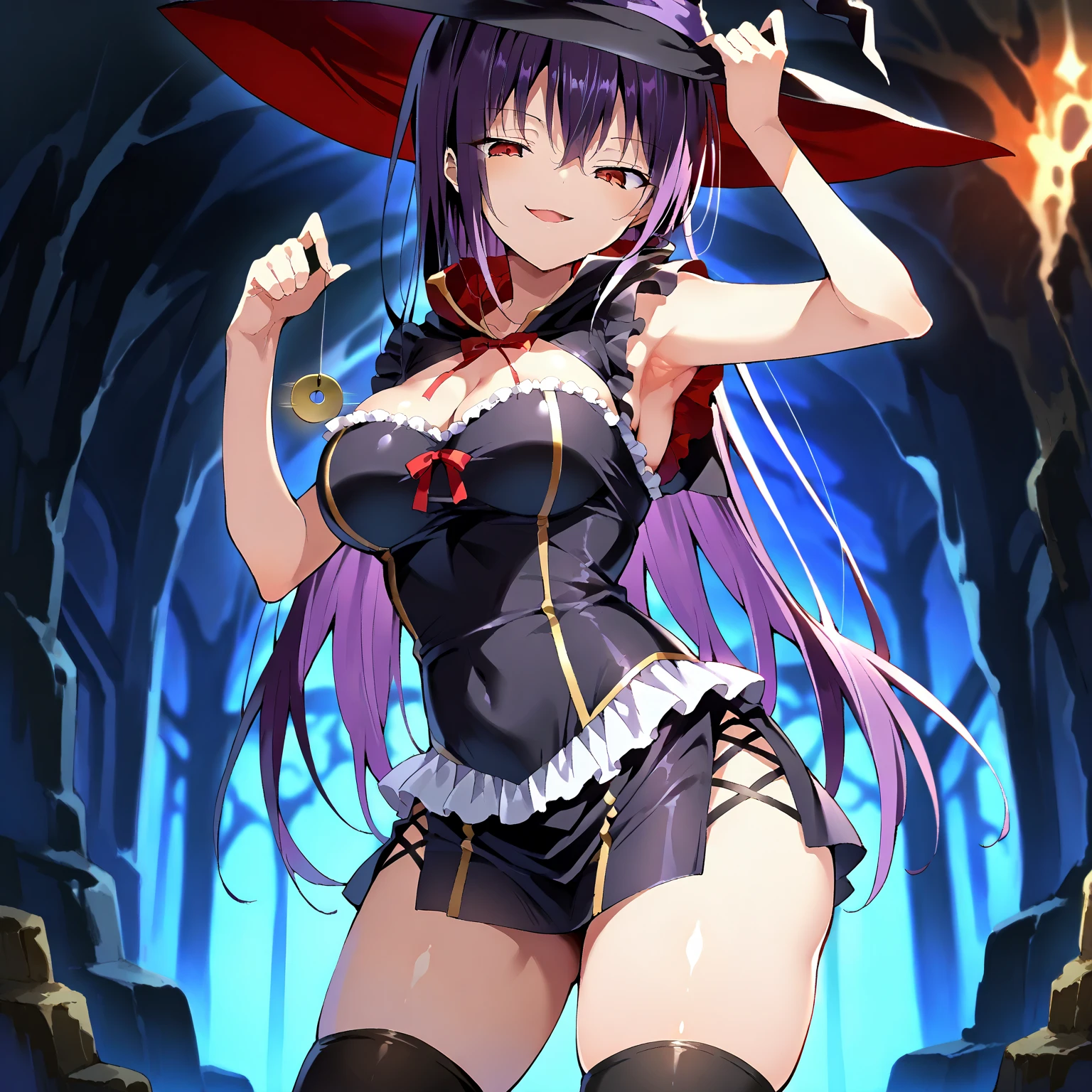 top-quality、Top image quality、masterpiece、teens girl((18year old,Succubus、adorable smiling、Black and orange tattered tank top,Tattered orange and black short skirt、Tattered orange short-sleeved hoodie、Wearing a hood,Best Bust、Bust 85、Blue hair long hair,Black eyes、open chest wide、Valley、Happiness、A slender、Blood coating、Leaning forward、Prank、Black wings、Pampering、Emphasis on the chest、clow pose、Bats tattoo、Turning around、A smile))hiquality、Beautiful Art、Background with((natta、window、Red sky、Halloween at night、the bats、pumpkins,Nightmare、Inside the Halloween venue、Wooden table、Wooden chair、red wine))、masutepiece、Elaborate design、visualart、Theatrical films