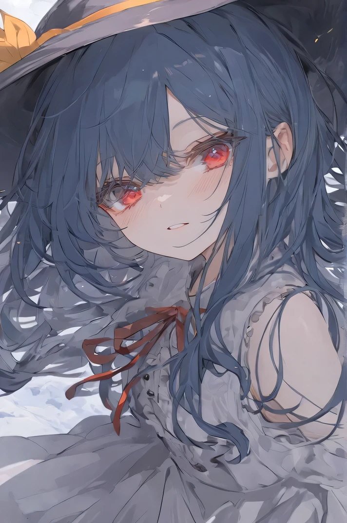 Boutique, Top Quality , best quality, Official Art ,Cool, beautiful, and picky ,Very detailed(Fractal Art 1.2),The most detailed, a girl , expressionless face ,Dark blue long hair ,wearing witch hat, dark red eyes ,is partially drawn outside the background frame, Very Detailed , high detail , Dim colors,cloudy day,Bend over,Face the audience, with hands clasped to chest