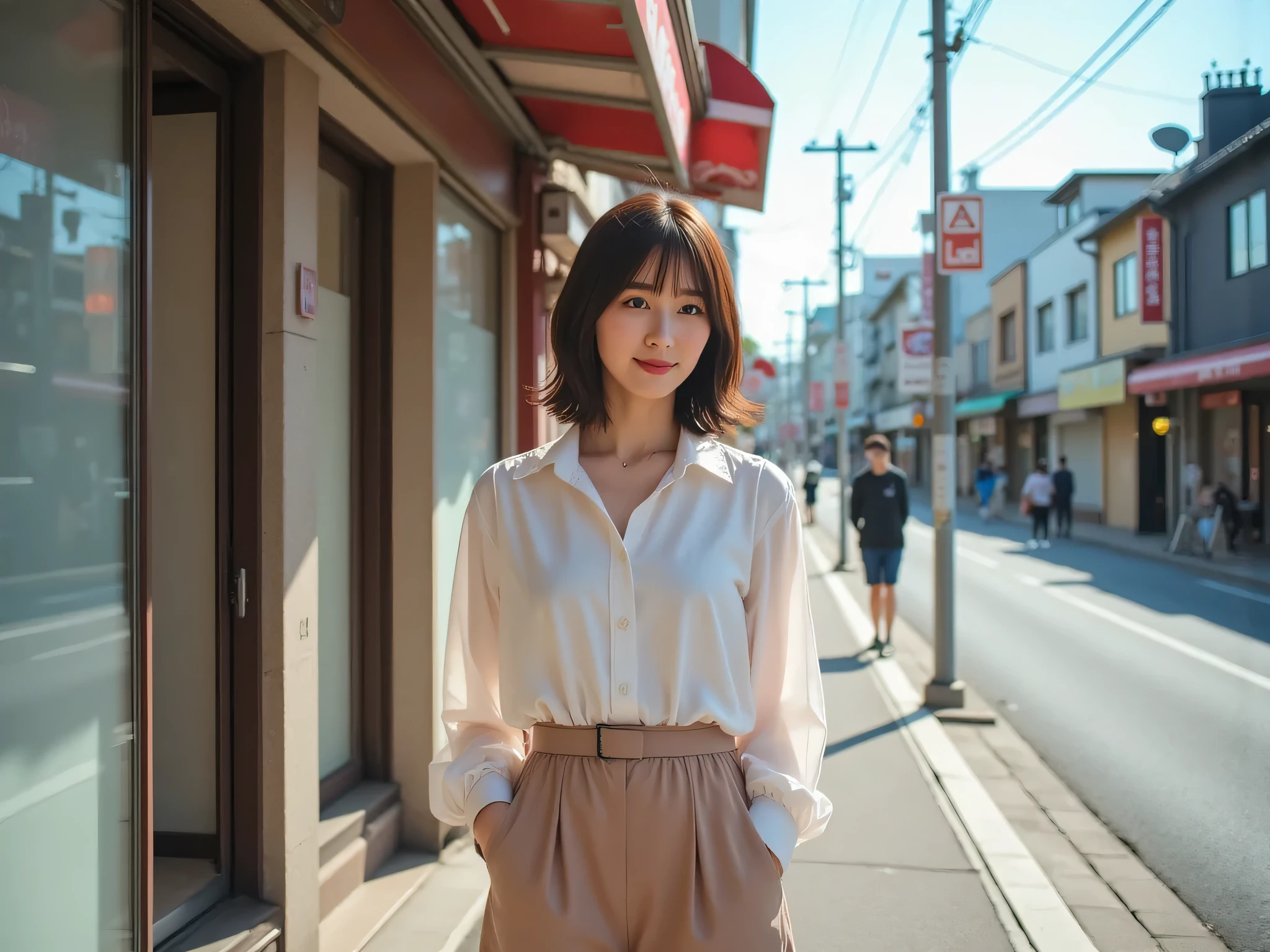 (( 8k results , portrait of my sister with beautiful skin on a street corner ,19 years old Japanese ,(( Soft looking boobs underneath:1.4)) , underboob出し:1. 4 portraits )), very beautiful、 slim 、 beautiful legs with a tail 、 belly button out, underboob出し, underboob,Very delicate face , Skin and Hair、 underboob, very short hair , dark brown hair 、、 Please cover your chest with your arms 、Inside the street 、now、 crowded streets 、8k photos、 very cute face Japan 、slender、 } Pretty eyes and nose 、 sexy