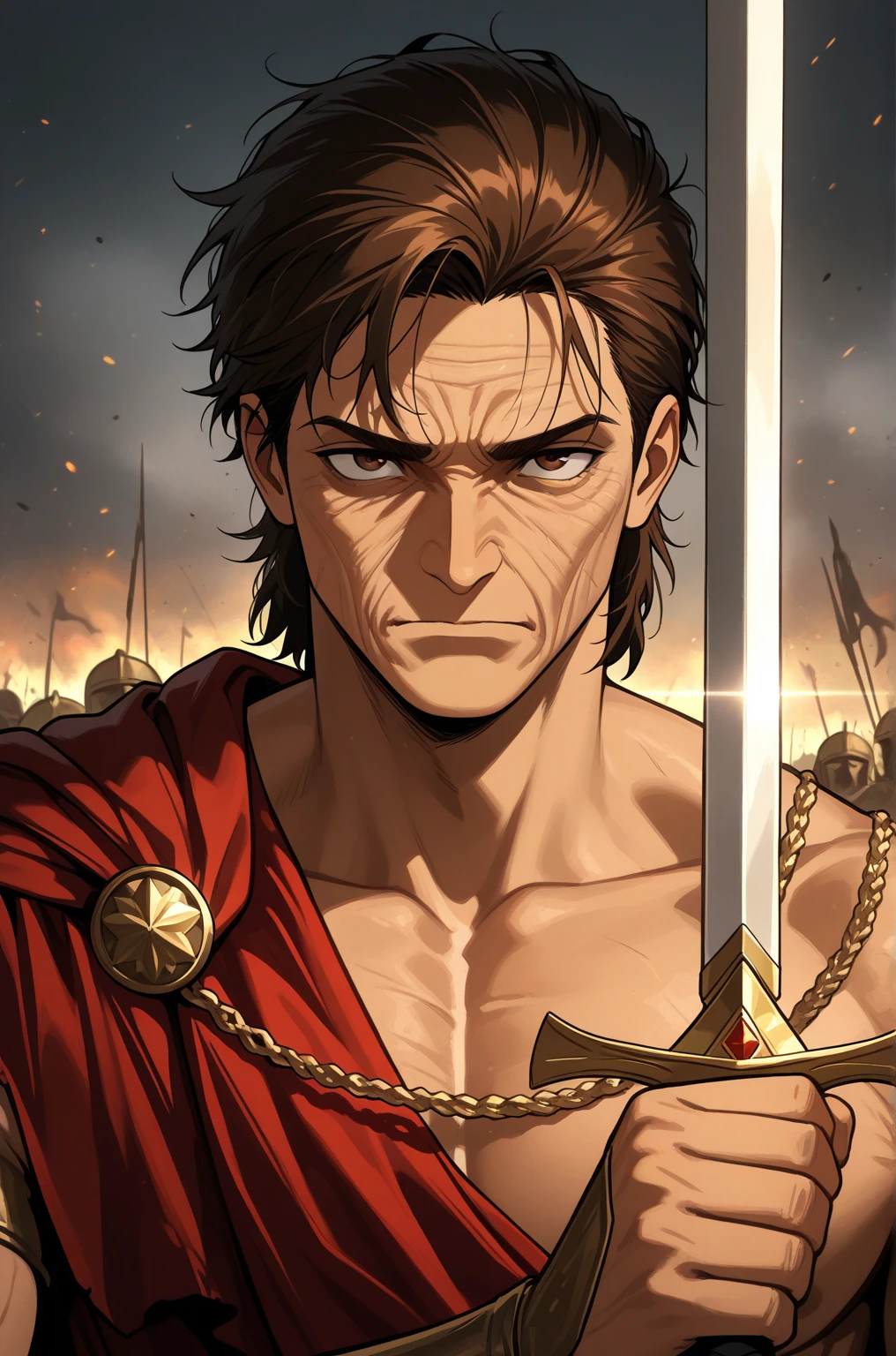  top quality, 's greatest masterpiece,  Highest Resolution ，（Caesar_Rome），（Roman centurion, ）（battlefield_background），Wrinkled face，Thinning hair，Middle-aged，male， holding a sword ， anime style , Alone， ((whole body)) ，  hyperdetail, ( intricate details),