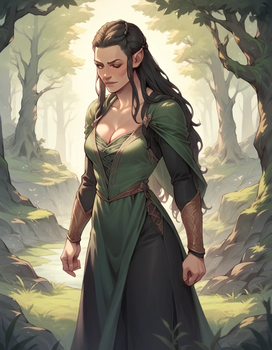 Tauriel, deep cleavage, standing in a forest trail, Tolkien, black hair, black pants, dress slit on both sides 