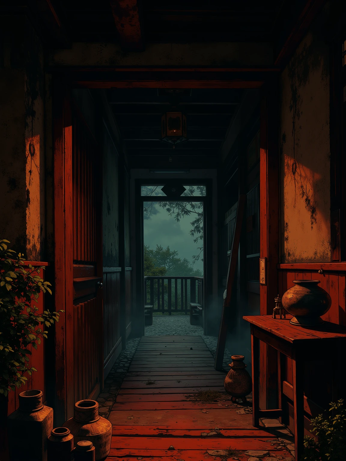 (masterpiece:1.3, UHD:1.2, highres:1.3, top quality, clarity:1.3), A dark and scary Japanese mansion:1.3, A wooden corridor leading into darkness:1.3, There are a lot of talismans around:1.3, 8k wall paper:1.3