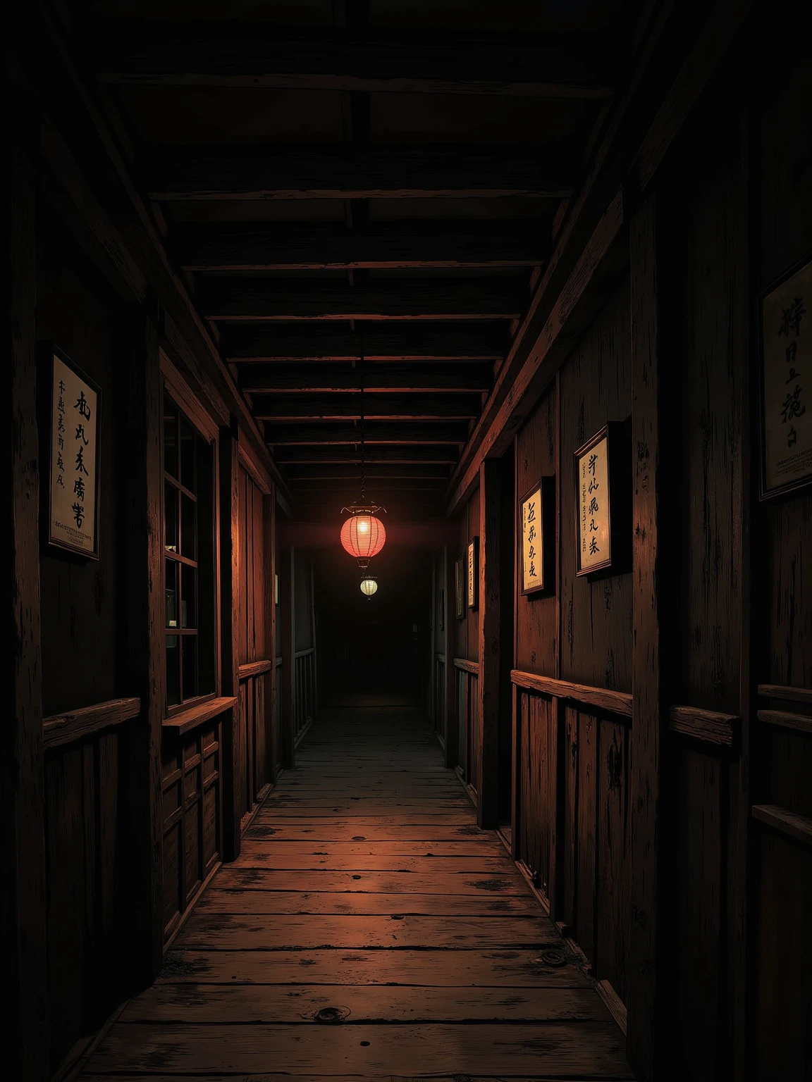 (masterpiece:1.3, UHD:1.2, highres:1.3, top quality, clarity:1.3), A dark and scary Japanese mansion:1.3, A wooden corridor leading into darkness:1.3, There are a lot of talismans around:1.3, 8k wall paper:1.3