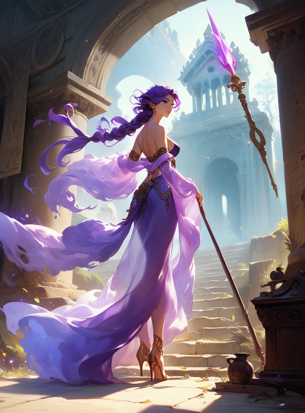 f1ora, solo, purple hair, official art, Spirit Sentinel, flowing translucent robes, spectral spear, drifting ghostly companions, ancient crypt, masterpiece, best quality, amazing quality, 