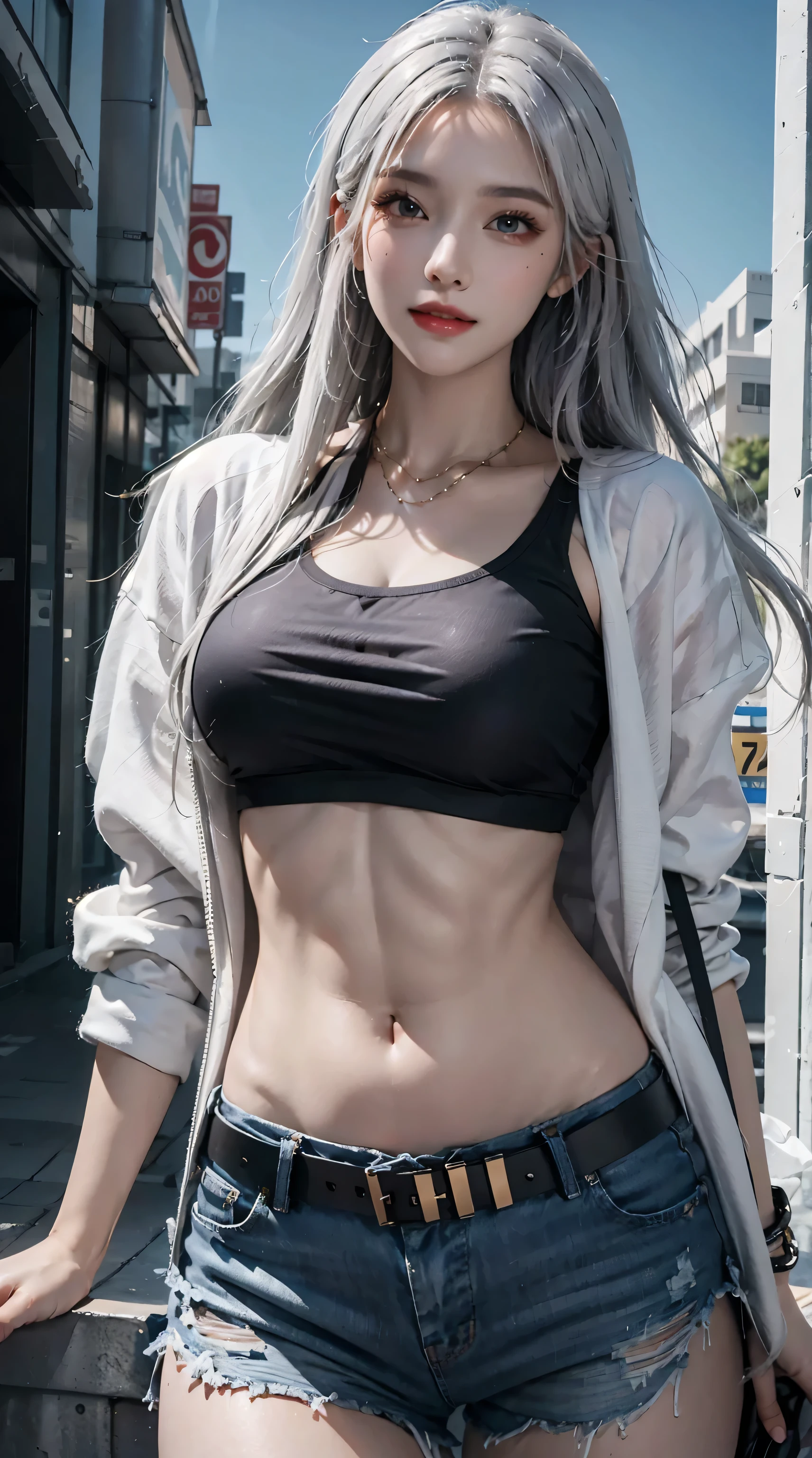 1girl, beautiful face, (photo photorealistic:1.4), (high detail skin:1.3), 8k ultra hd, DSLR, high quality, high resolution, 4k, 8k, ridiculous, best ratio four fingers and one thumb, (realistic:1.4), small lips, ((best quality, 8k, 32k, masterpiece :1.3)), a beautiful woman with perfect figure :1.4, slender abs :1.3, (gray gray hair, :1.2)), Highly detailed facial and skin texture, fine eyes, double eyelids, long legs, stockings
