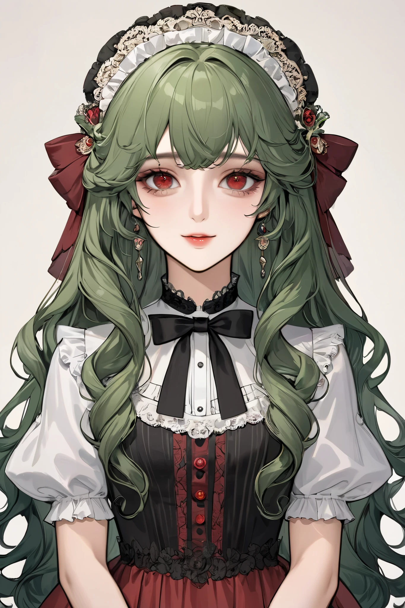 (extreamly delicate and beautiful:1.2), 8K,(masterpiece:1.0),(best_quality:1.0), 1 girl, and intricate detailing, Enlarged textures, and intricate detailing, finely eye and detailed face, and intricate detailing, green long curl hair, (sweet smiley), Perfect eyes, Equal eyes,  red eyes (A famale god) with victorian dress, look at camera, green long HAIR, Red EYES, green long curl HAIR, red EYES, Full body, with victorian dress, no hairpin, s ago, perfect body