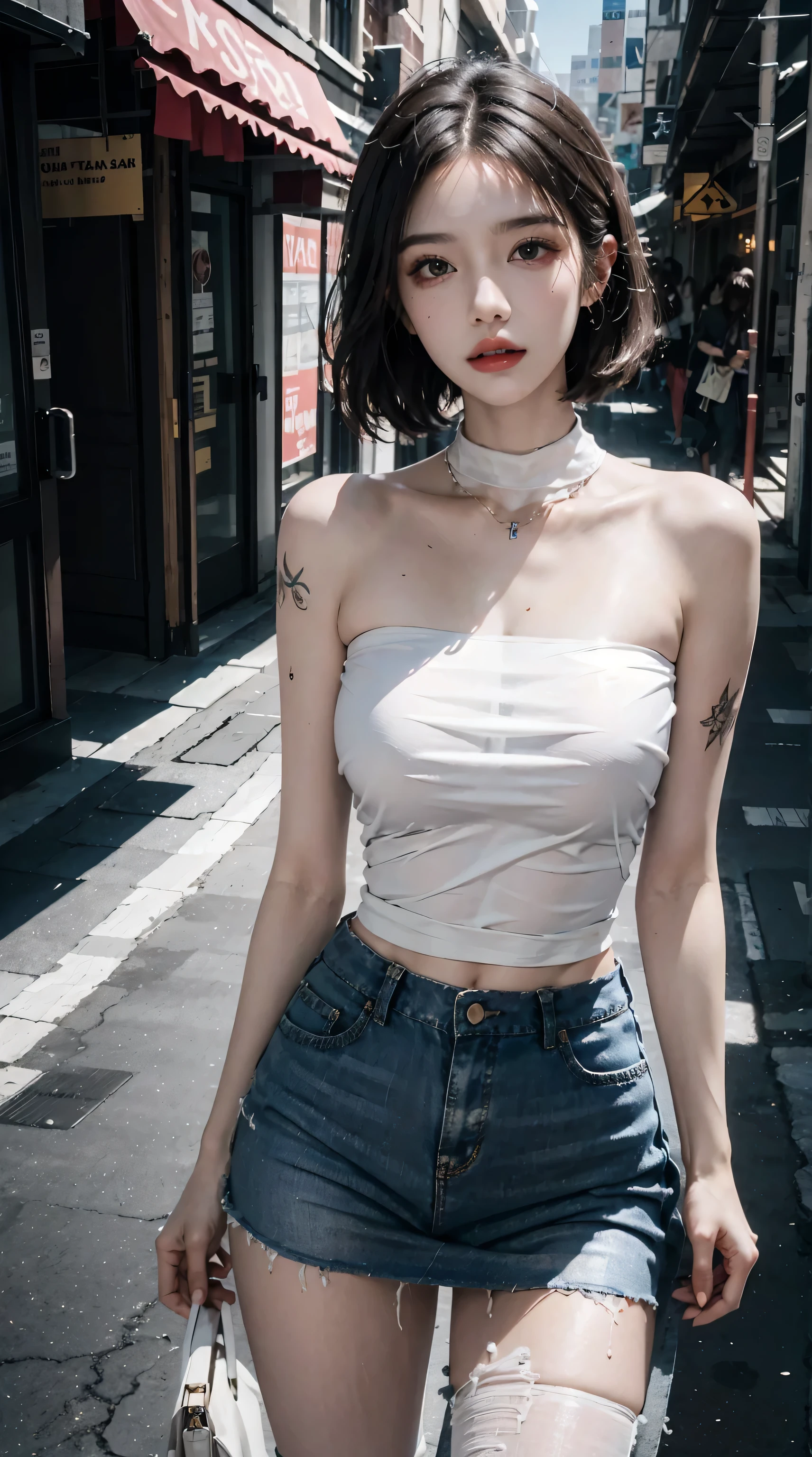masterpiece, Maximum quality, ultra high resolution, 8k, A woman,beauty,21 years,White skin,High-tech glasses, extremely beautiful,strong look, alone,bust portrait,cyberpunk costume, extremely detailed face, detailed eyes, evil smile, happy, realistic photo, totally realistic, human skin, studio lighting,golden ratio body, Wide hips,perfect legs, big ass,pink hair, double buns,blunt bangs,orange and white clothes,D cup breasts,in the cyberpunk city,cyberpunk city background,((evening)),rain,pose lateral,tattoos
