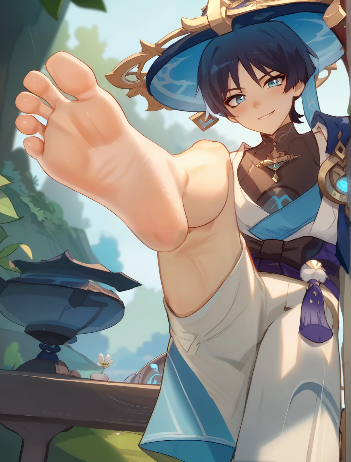 score_9, score_8_up, source_anime,
1boy, Wanderer, alone, looking at viewer, sitting, cowboy shot, ANIME SCREENCAP, anime coloring, in a garden, lifting legs to show his soles, barefoot, perfect feet, anatomically correct, soles, focal length 35mm, each foot has five toes, front, symmetrical soles, foot focus, smile, blush