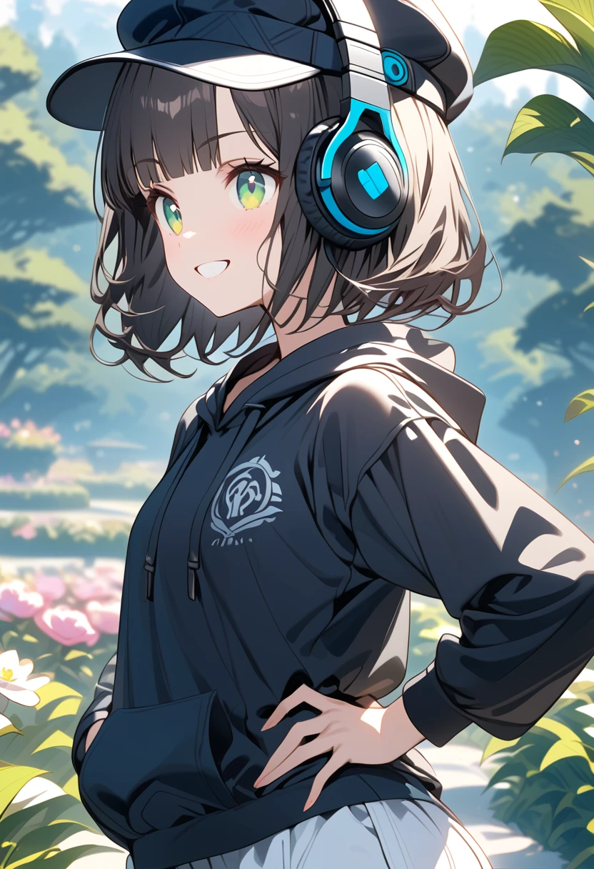 {{{masterpiece}}}, {{{ top quality}}}, {{ ultra detail }}, { cute, detail eyes with dark dark hair},  from the side 1 girl , Alone, (black hair,bob cut,wavy hair),((green eyes)), (blunt bangs), (((black headphones))),((black hoodie))),((cabbie hat)),(white palazzo pants),((hands on own hips)),grin.white teeth,black hair,Midea,jade green eyes,flower garden