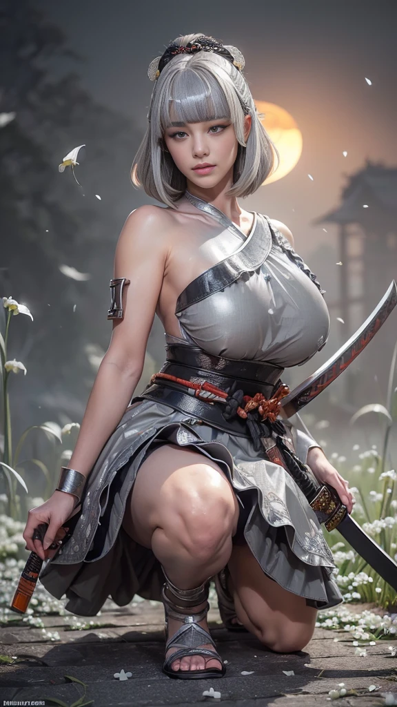 masutepiece, best, Night, fullmoon, 1 female, Mature Woman, Chinese style, Ancient China, older sister, Royal sister, Cold Face, deadpan, Woman with long silvery-white hair, Light pink lips, Calm, Intellectual, Three Bang, Gray Hitomi, Assassin, Long sword, sword holding, Fighting, streetview, Facial details,giga_busty