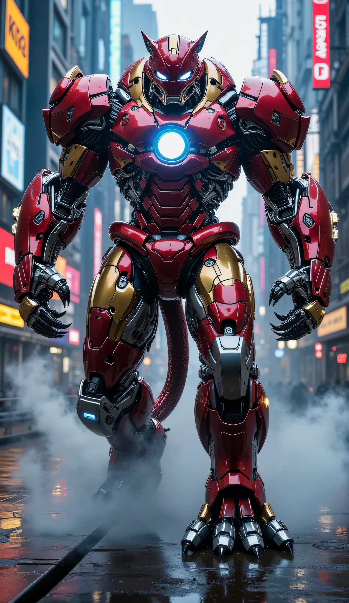 A powerful fusion of Ironman and a robotic tiger, forming a single impressive entity. The character has the sleek red and gold armor of Ironman, seamlessly merged with tiger-like features: sharp metallic claws, a feline-shaped head, and a strong, agile body. Glowing blue energy radiates from its arc reactor and joints, enhancing the robotic tiger's mechanical aesthetic. The setting is the same cinematic futuristic city at night, with neon lights reflecting off the character’s gleaming armor. The atmosphere is dramatic, with mist and vibrant lighting highlighting the fusion's strength and imposing presence."
Semoga prompt ini sesuai dengan keinginan Anda!