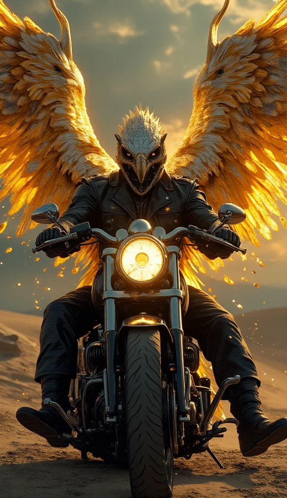 ( better quality,4k,8K, high resolution,  masterpiece:1.2), ultra-detailed, ( realistic ,fotor realistic ,fotor realistic :1.37), motorcycle with biker mounted chrome skull head, Behind mythological bird ,  vibrant colors ,  sharp focus,  Wings of Gold and Silver,  Glowing Feathers , fierce eyes, mythical creature, Majestic pose,  dramatic lighting ,  beautifully textured plumage ,  luminous tail feathers ,  ethereal beauty,  desert landscape background , atardecer sur realistic , twilight sky, Narration,  emotional intensity ,  contrast between light and dark ,  artistic representation ,  impressive details,  magical atmosphere , legendary,  sublime presence , overwhelming , transcendent,  impactful physical ,  Divine symbolism , mythological rebirth, fancy, Road Trip 