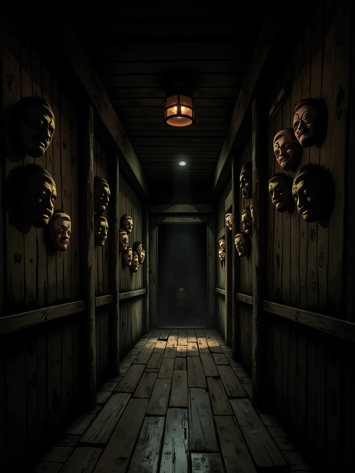 (masterpiece:1.3, UHD:1.2, highres:1.3, top quality, clarity:1.3), A dark and scary Japanese mansion:1.3, A wooden corridor leading into darkness:1.3, Countless Noh masks are hanging on the walls:1.3, 8k wall paper:1.3