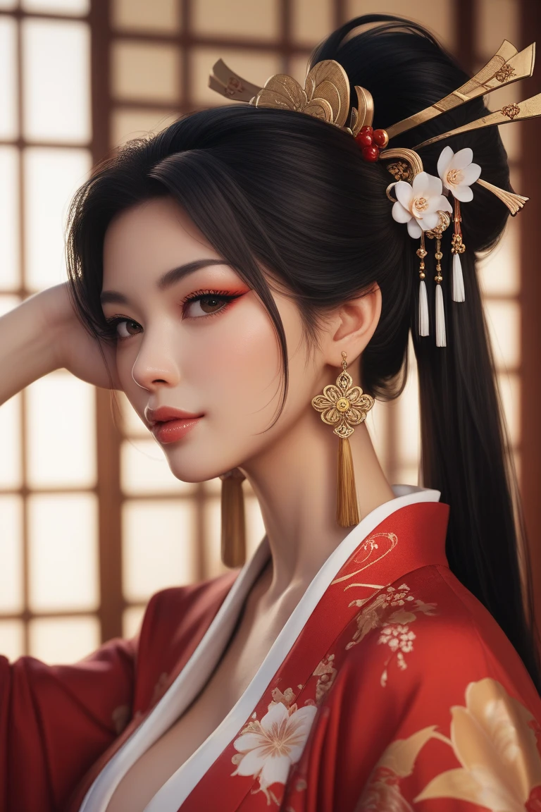  A character for a role from the Japanese Edo era of a woman with Asian features,  an intense but sweet look , with long and black hair,  with a white tuft on the fringe . Besides,  wears an elegant but sensual red kimono , with gold and black ornaments ,  and with a scorpion shield .